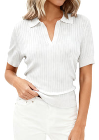 PRETTYGARDEN Women's Short Sleeve Sweater 2026 Spring Polo Shirts Ribbed Knit V Neck Business Casual Tops Summer Work Clothes PRETTYGARDEN