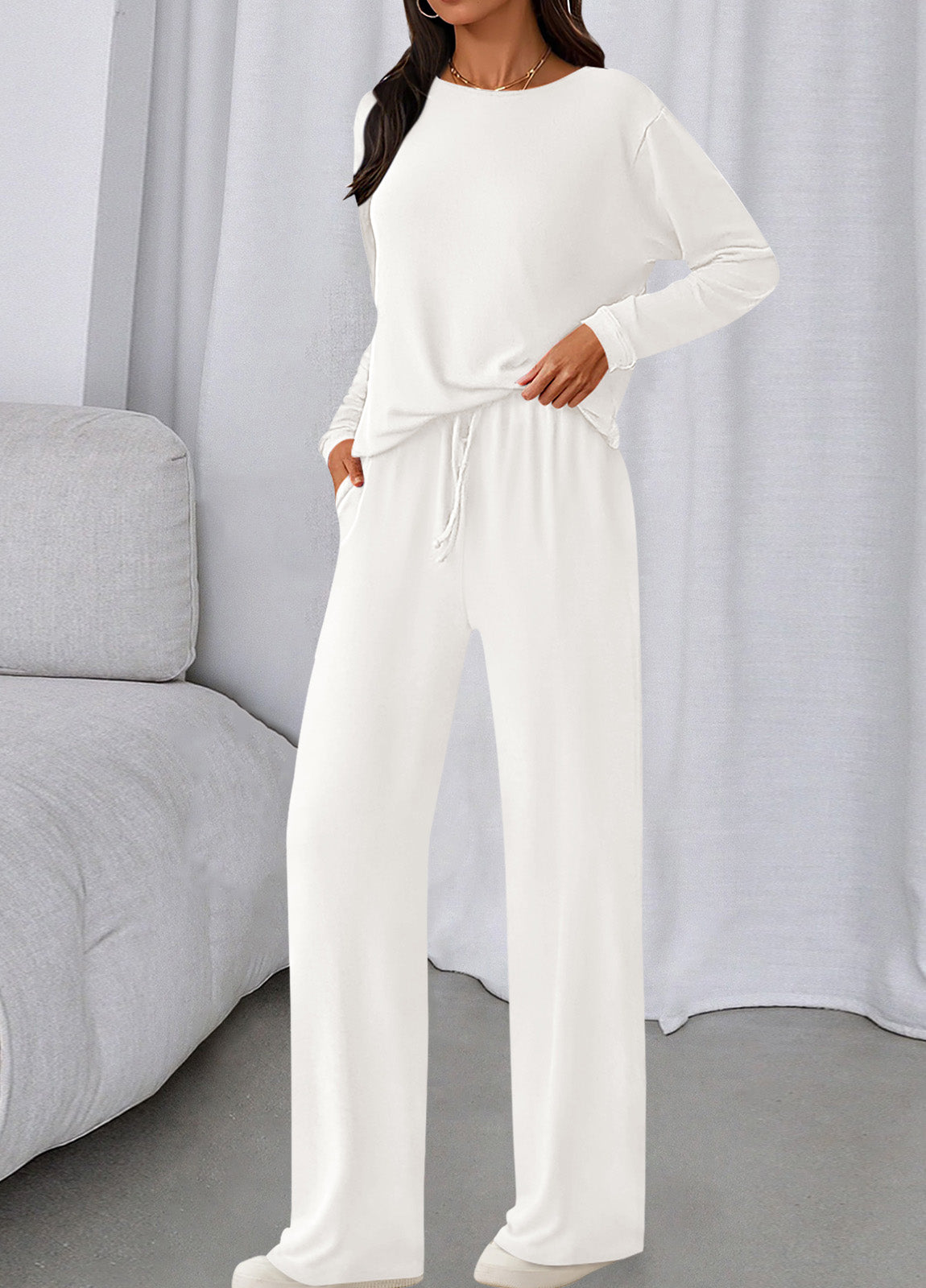 PRETTYGARDEN Womens 2 Pieces Lounge Sets Crewneck Long Sleeve Wide Leg Drawstring Pants Tracksuits Loose Fit Outfits Set