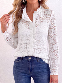 PRETTYGARDEN Women Lace Tops Button Down Long Sleeve Shirts  | Sheer Lace Button Shirts, Elegant Ruffle Collar Blouses, Eyelet Tops Dressy Casual, Date Night Outfit, Fall Fashion Clothing
