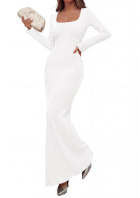 PRETTYGARDEN Women's Fall Long Sleeve Maxi Bodycon Dresses | Soft Stretchy Ribbed Knit, Bell Sleeve Square Neck Mermaid, Elegant Long Dress, Wedding Guest Party, 2026 Winter Clothing