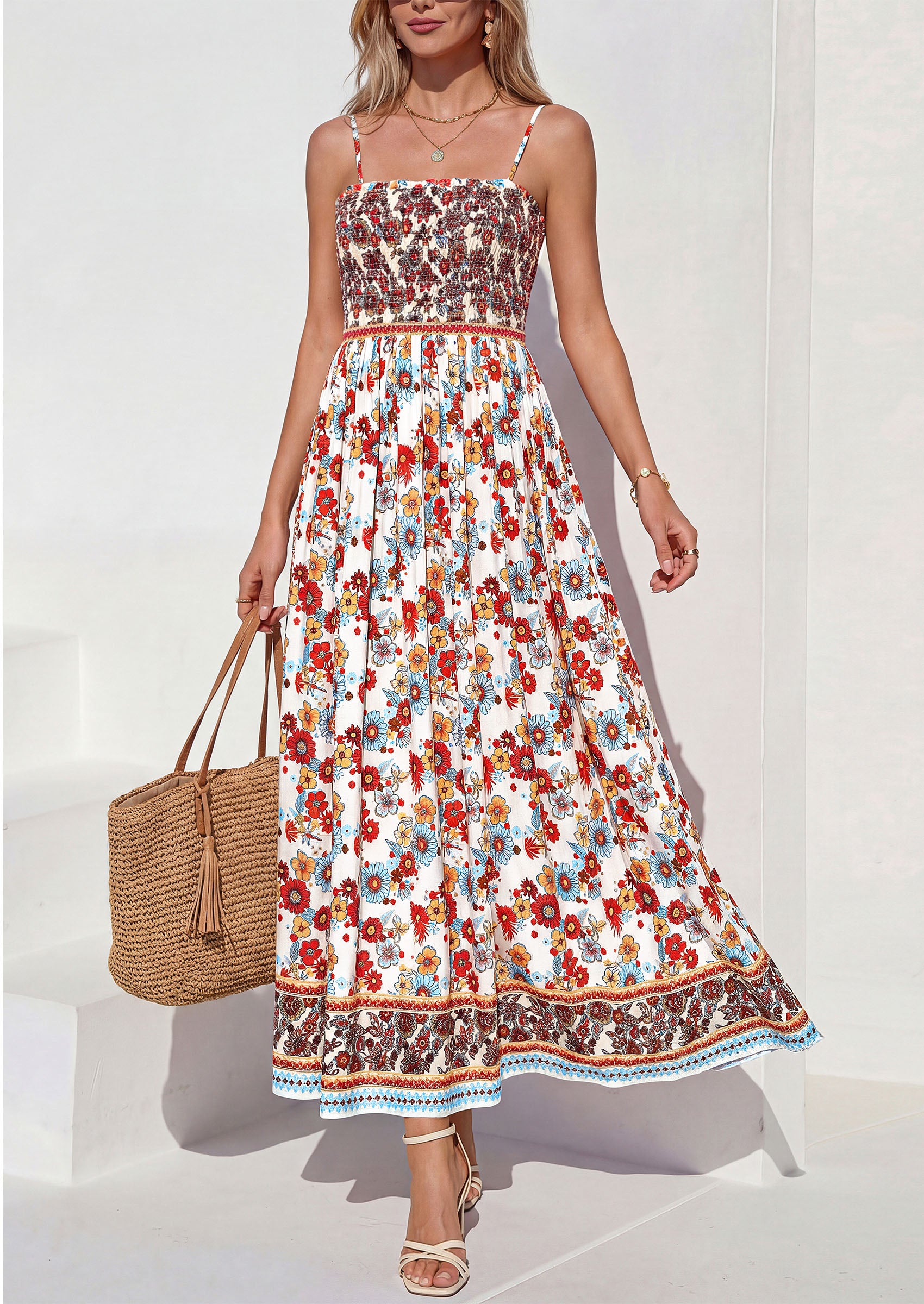 PRETTYGARDEN Womens Floral Maxi Dress Boho Casual 2026 Summer Spaghetti Strap Smocked Sleeveless Flowy Beach Vacation Dresses