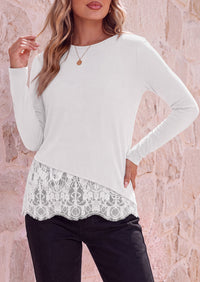 PRETTYGARDEN Women's Lace Patchwork Long Sleeve Shirts | Soft Casual Tops,Irregular Asymmetrical Hem,Crew Neck Thermal Blouses,Loose Fit Layer Tee,Fashion Fall Winter Daily Wear