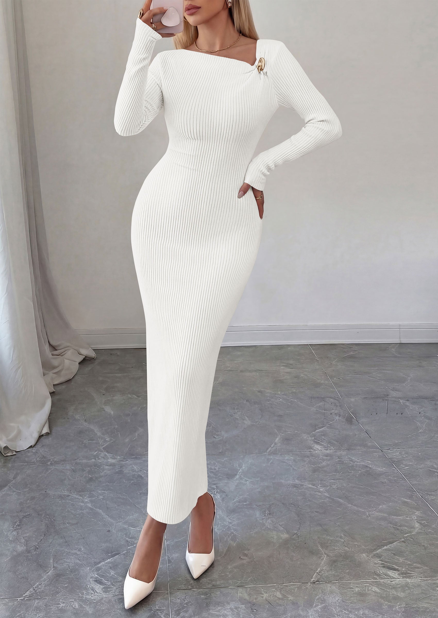 PRETTYGARDEN Womens Fall Long Sleeve Ribbed Sweater Dress | Breathable Knit Fabric, Elegant Bodycon Cut, Fashion Asymmetrical Neck, Night Out Party Dresses, 2026 Trendy Winter Clothes  Price, product page