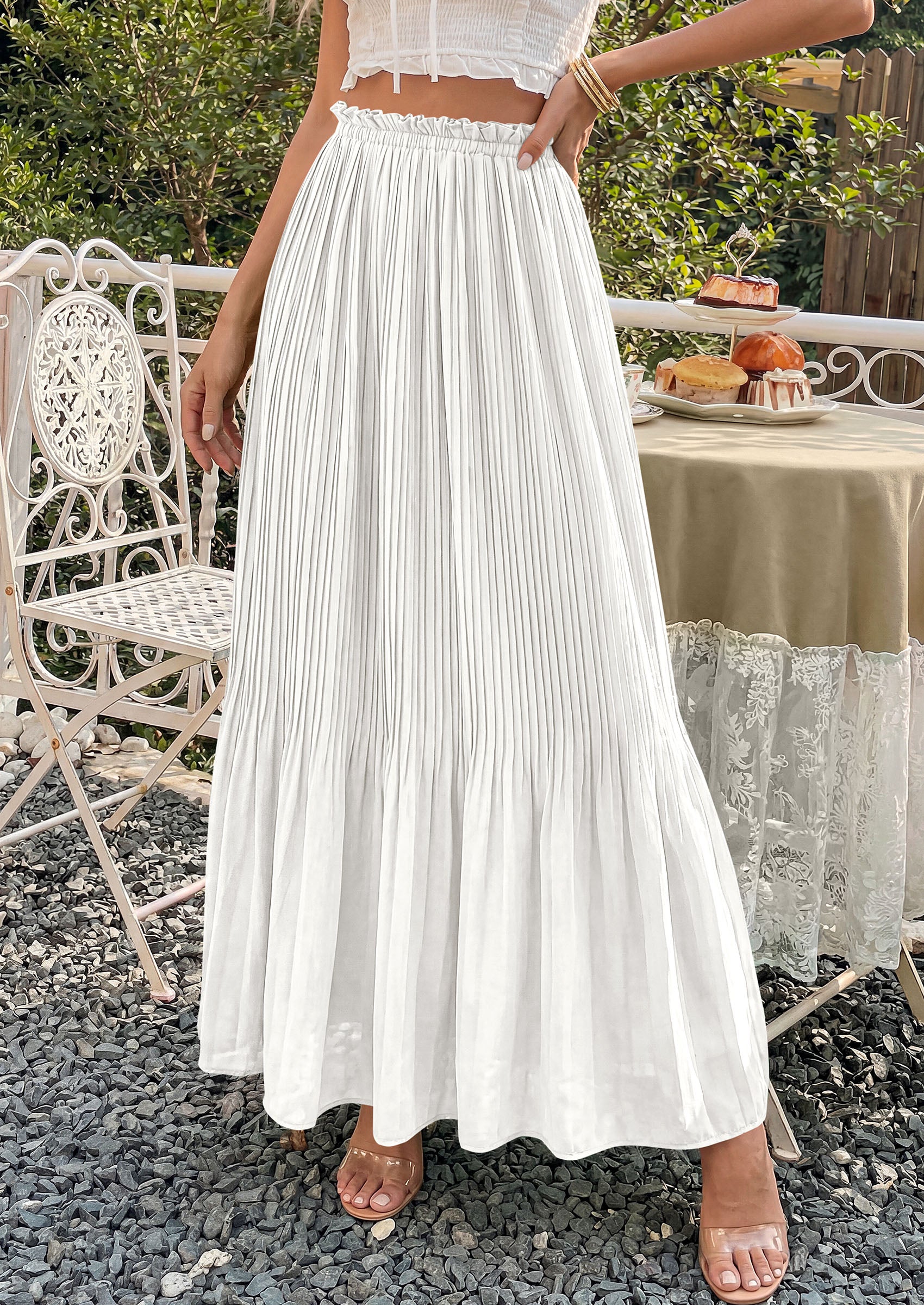 PRETTYGARDEN Pleated Long Skirts for Women Summer Vacation Outfits 2026 Spring Elastic Waisted Flowy Chiffon A-Line Midi Skirt PRETTYGARDEN
