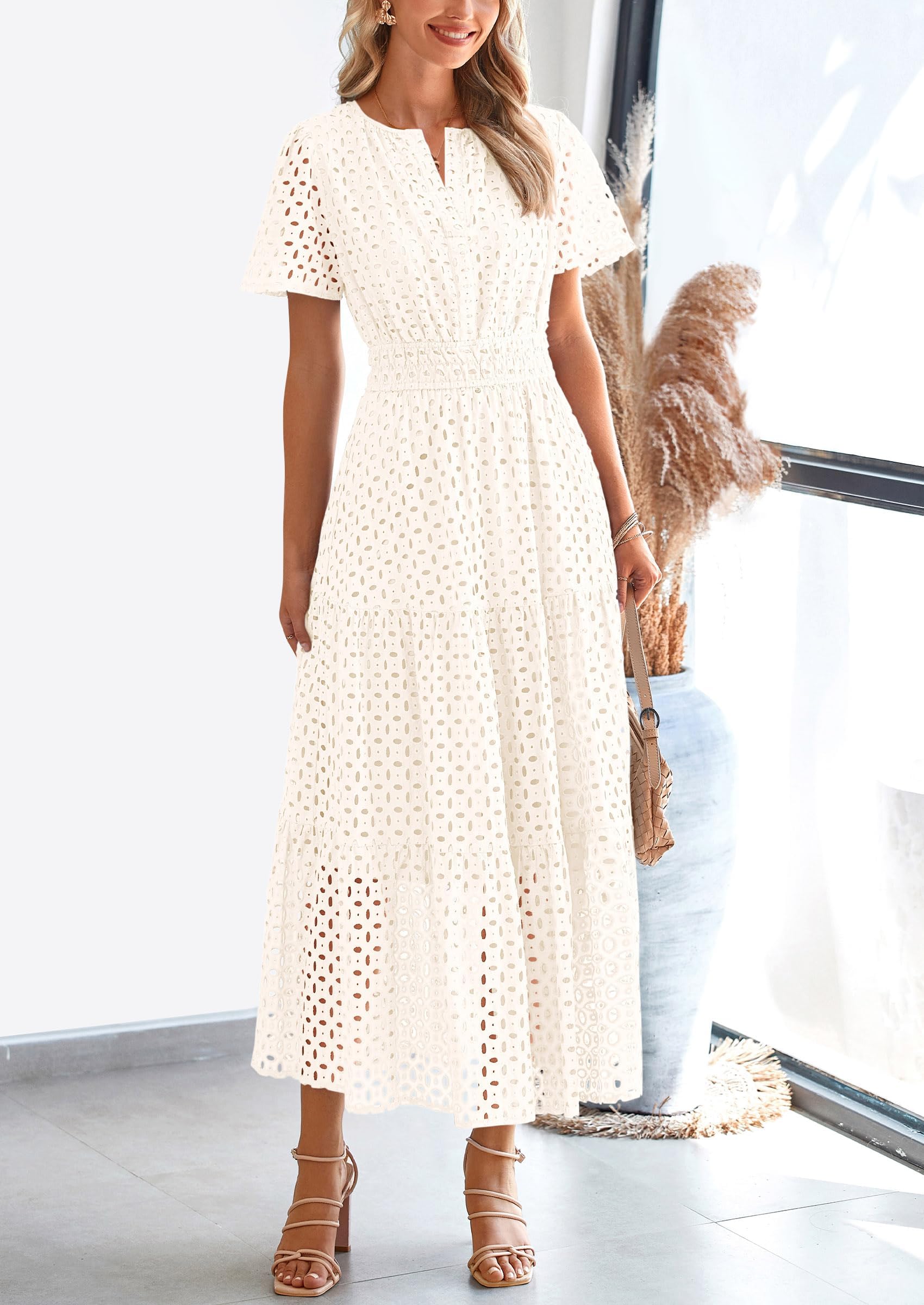 PRETTYGARDEN Womens Maxi Dress Short Sleeve V Neck Hollow Out Eyelet A Line Long Flowy Beach Vacation Dresses