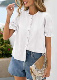 PRETTYGARDEN Womens Puff Short Sleeve Tops 2026 Summer Spring Button Down Boho Embroidered Cute Blouse Dressy Casual Shirts PRETTYGARDEN