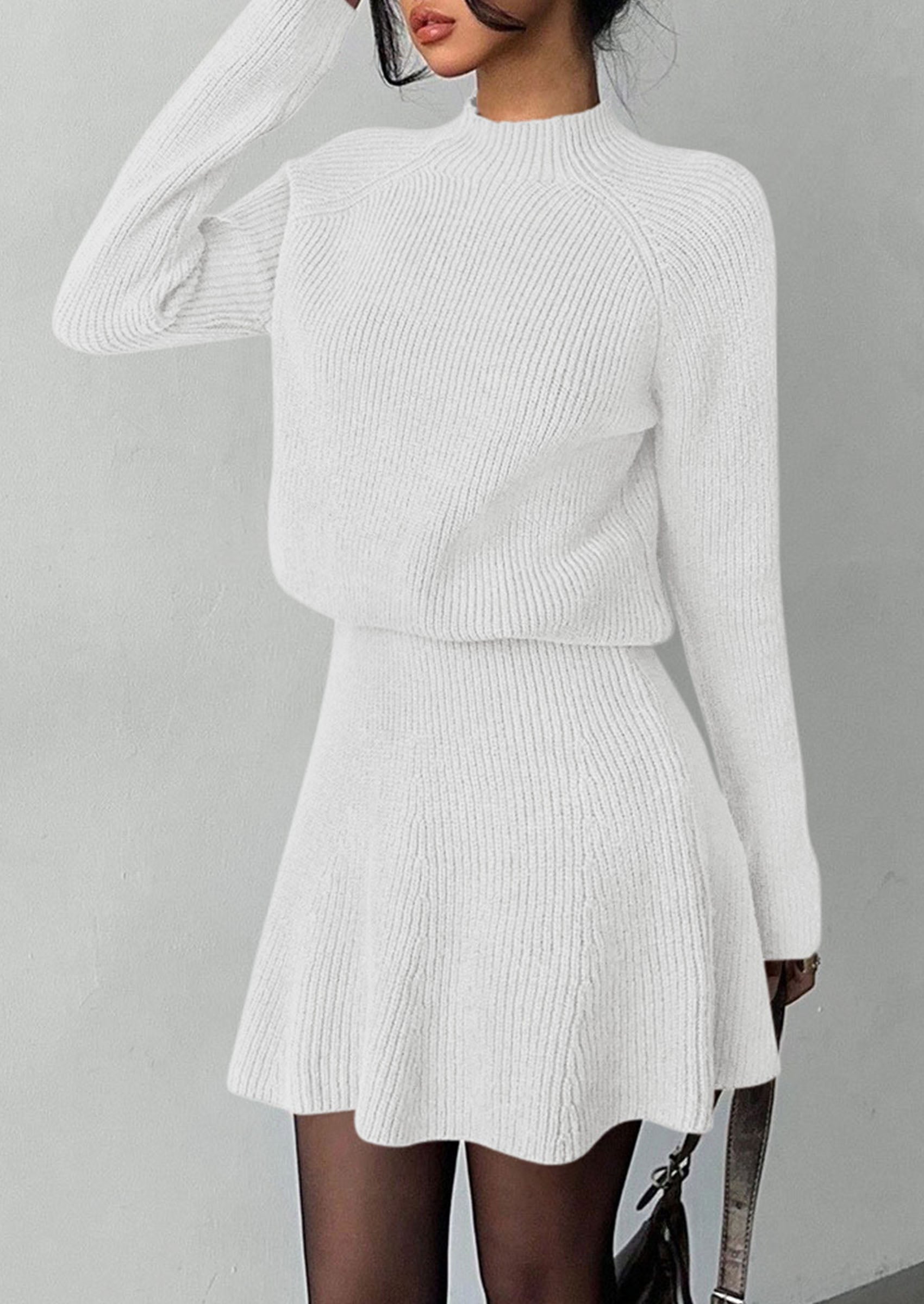 PRETTYGARDEN Women's Fall 2 Piece Outfits Matching Sweater Skirt Sets  Cozy Ribbed Knit, Raglan Long Sleeve, Crewneck Pullover, Elastic Waist A Line, Mini Short Skirts, Holiday Winter Clothing