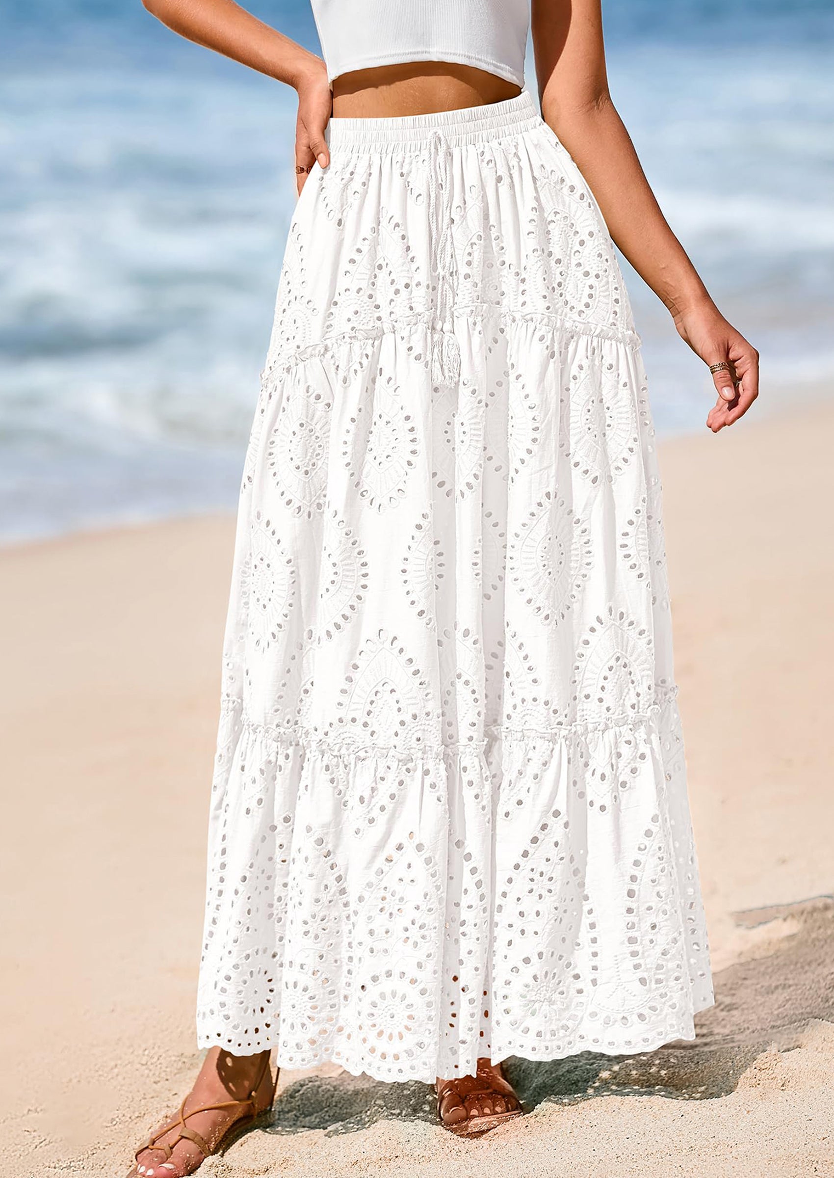 BTFBM Women's Boho Casual Skirts Summer Lace Embroidery Eyelet Elastic Waist Flowy Tiered A-Line Beach Maxi Skirt