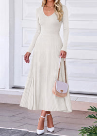 PRETTYGARDEN Women's Fall V Neck Pleated Midi Sweater Dress  Stretchy Ribbed Knit,Long Sleeve,A Line Flowy Skirt,Elegant Long Dresses for Wedding Guest,Work Office,Winter Party Outfits