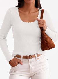 PRETTYGARDEN Women's Fall Lightweight Ribbed Knit Sweaters | Stretchy Cozy Knitwear,Scalloped Scoop Neck,Long Sleeve Shirts,Slim Fitted Pullover,Basic Layering Tops,Cute Casual Outfits