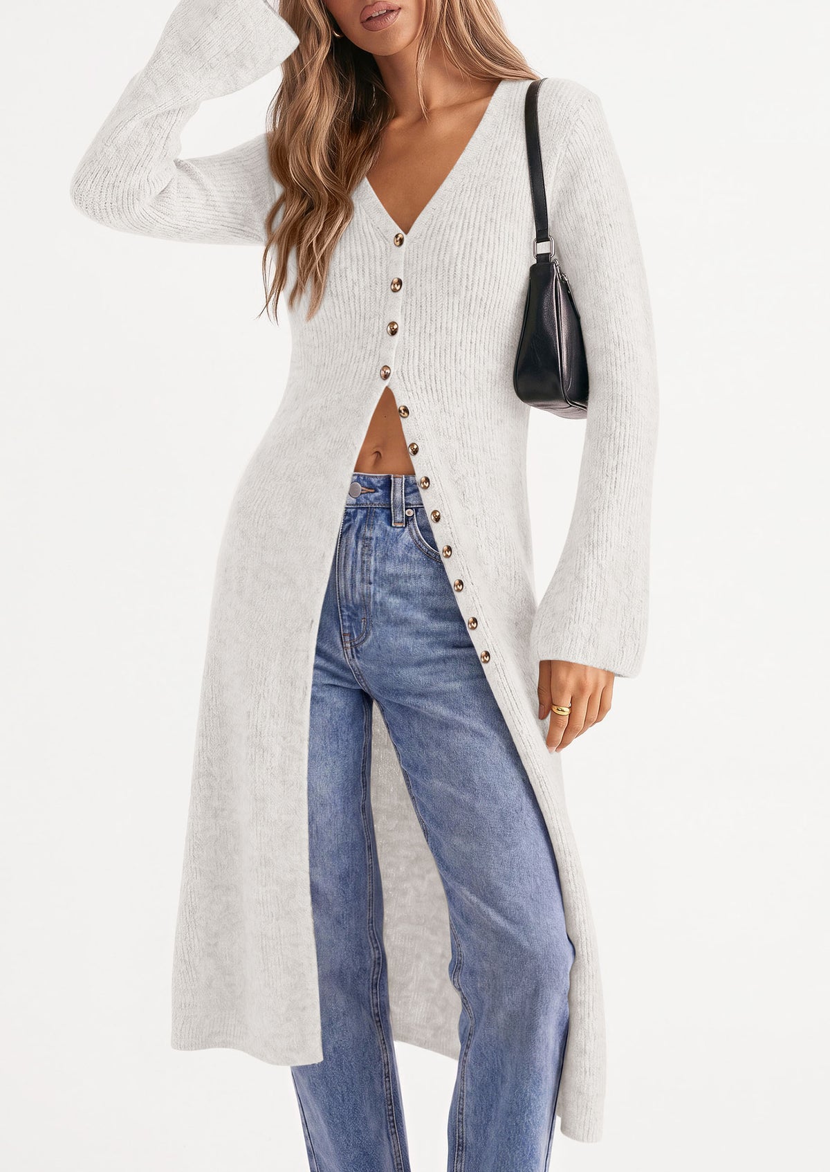 PRETTYGARDEN Women Long Cardigan Bell Sleeve Sweater Dress  Early Fall Fashion, V Neck Button Down Coats, Fit and Flare, Duster Sweater, Business Casual Outfits, Acrylic Cotton Blend
