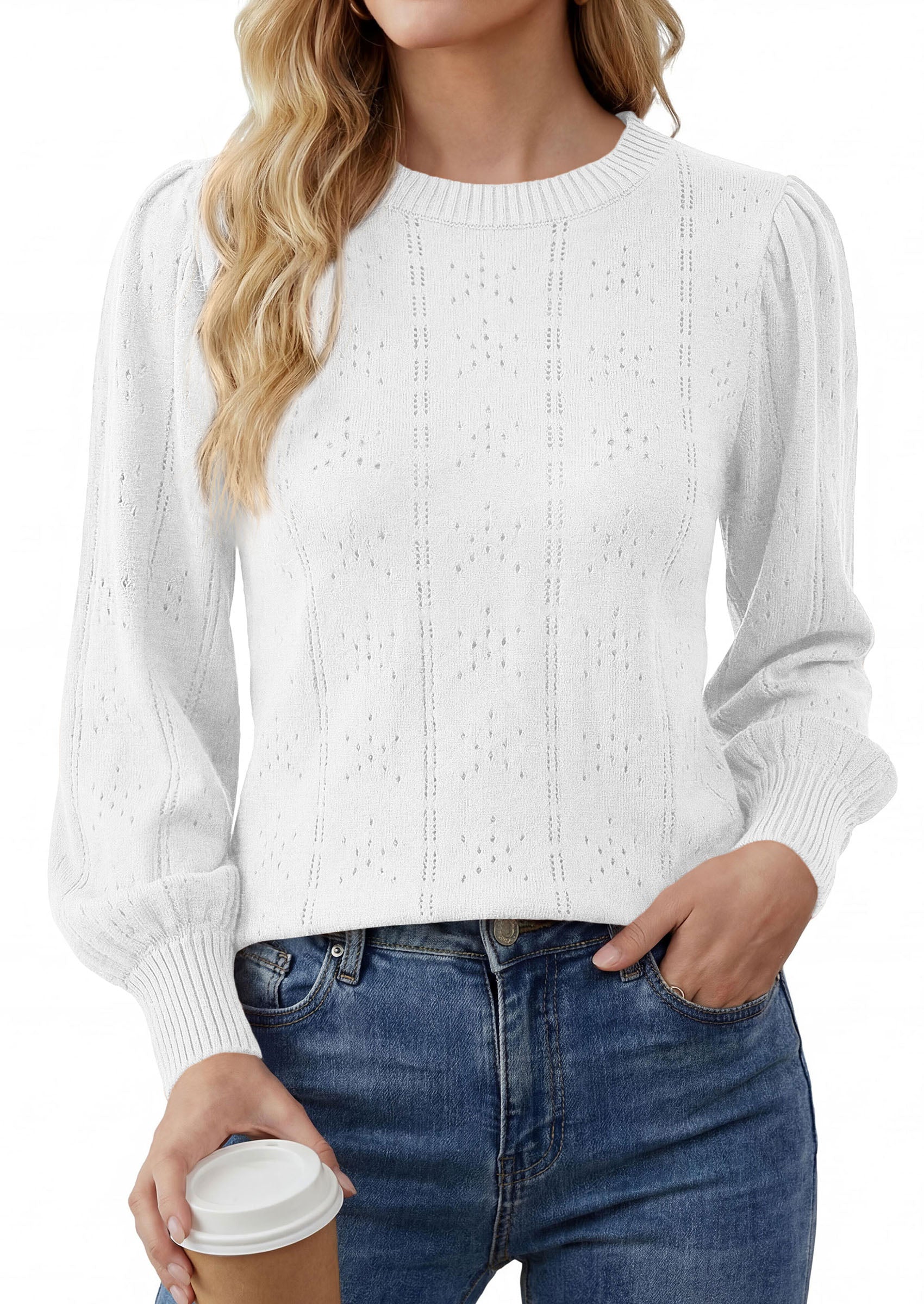 PRETTYGARDEN Women Fall Fashion Hollow Out Holiday Sweaters | Stretchy Cozy Knit, Puff Long Sleeve Pullover Tops, Crewneck Loose Fit, Dressy Casual Blouse, Trendy Winter Going Out Outfits
