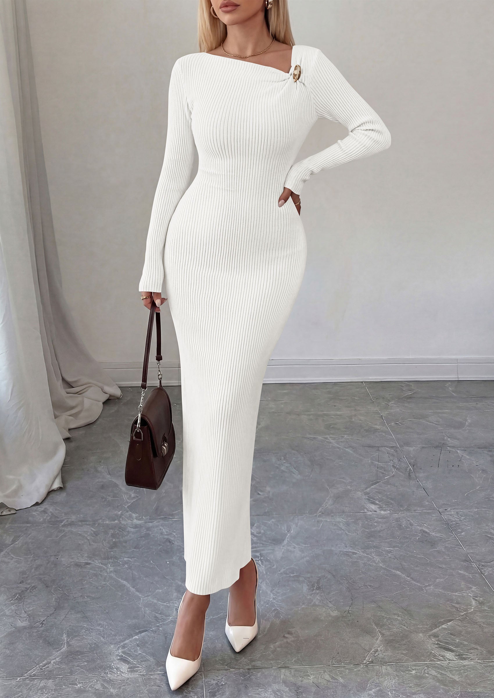 PRETTYGARDEN Womens Fall Long Sleeve Ribbed Sweater Dress | Breathable Knit Fabric, Elegant Bodycon Cut, Fashion Asymmetrical Neck, Night Out Party Dresses, 2026 Trendy Winter Clothes  Price, product page