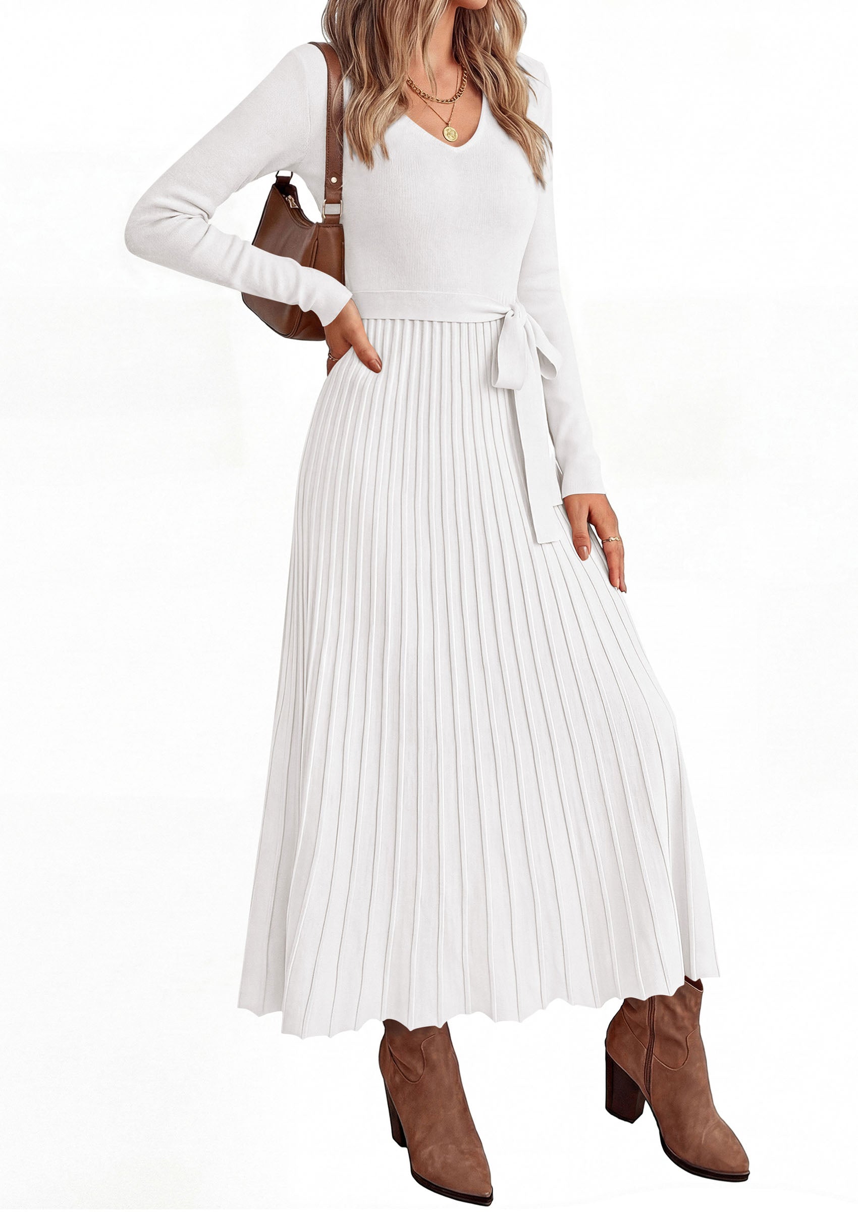 PRETTYGARDEN Womens Fall Maxi Long Sleeve Sweater Dress  Soft Stretchy Knit, V Neck A Line Dresses with Bow, Flowy Pleated Hem, Cocktail Party Outfits, Trendy Winter Clothes