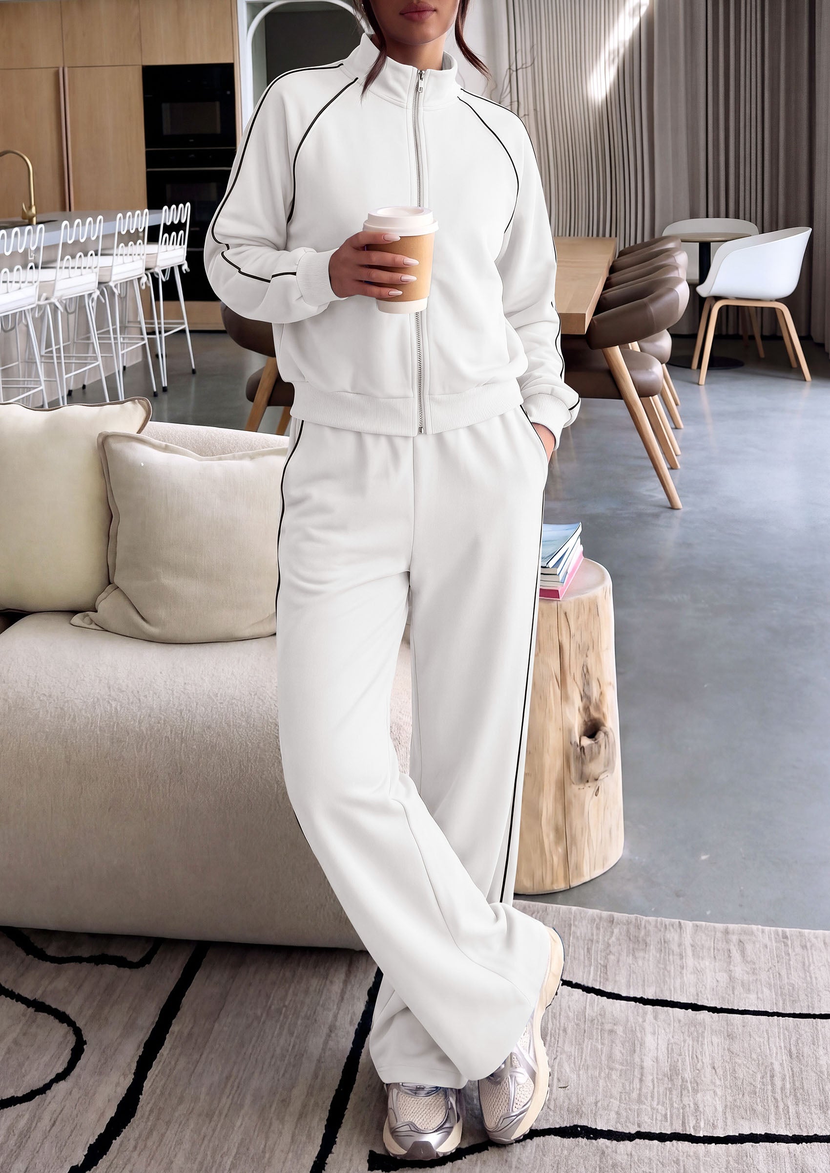 PRETTYGARDEN Women's 2 Piece Sweat Set Casual Fall Outfits | Zip Up Sweatshirt,Wide Leg Pants Sweatsuits,Side Stripes,Matching Lounge Sets,Athletic Wear for Airport,Jogging,Travel,Daily