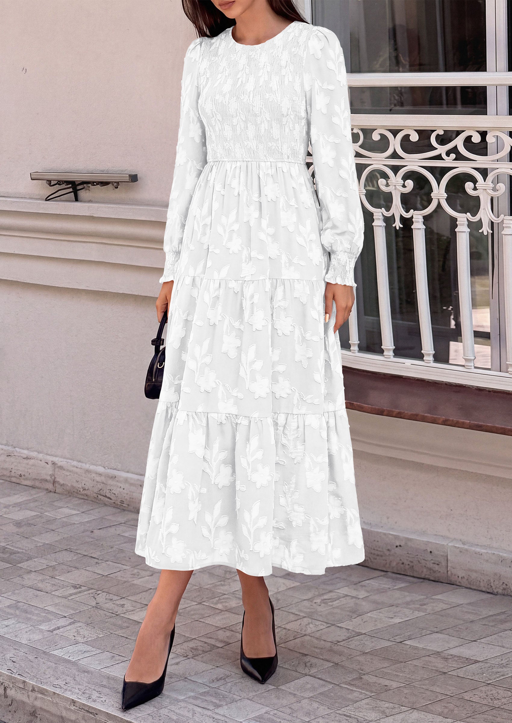 PRETTYGARDEN Fall Floral Long Sleeve Wedding Guest Dress for Women Pockets | Casual Textured Jacquard Smocked High Waist A-line Boho Flowy Midi Dress, Semi Formal Cocktail Dresses for Women 2026