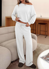 PRETTYGARDEN Womens 2 Piece Casual Matching Lounge Sets  Fashion Off the Shoulder Sweatshirt, Wide Leg Pants with Pockets, Comfy Airport Travel Outfit, 2026 Trendy Fall Set