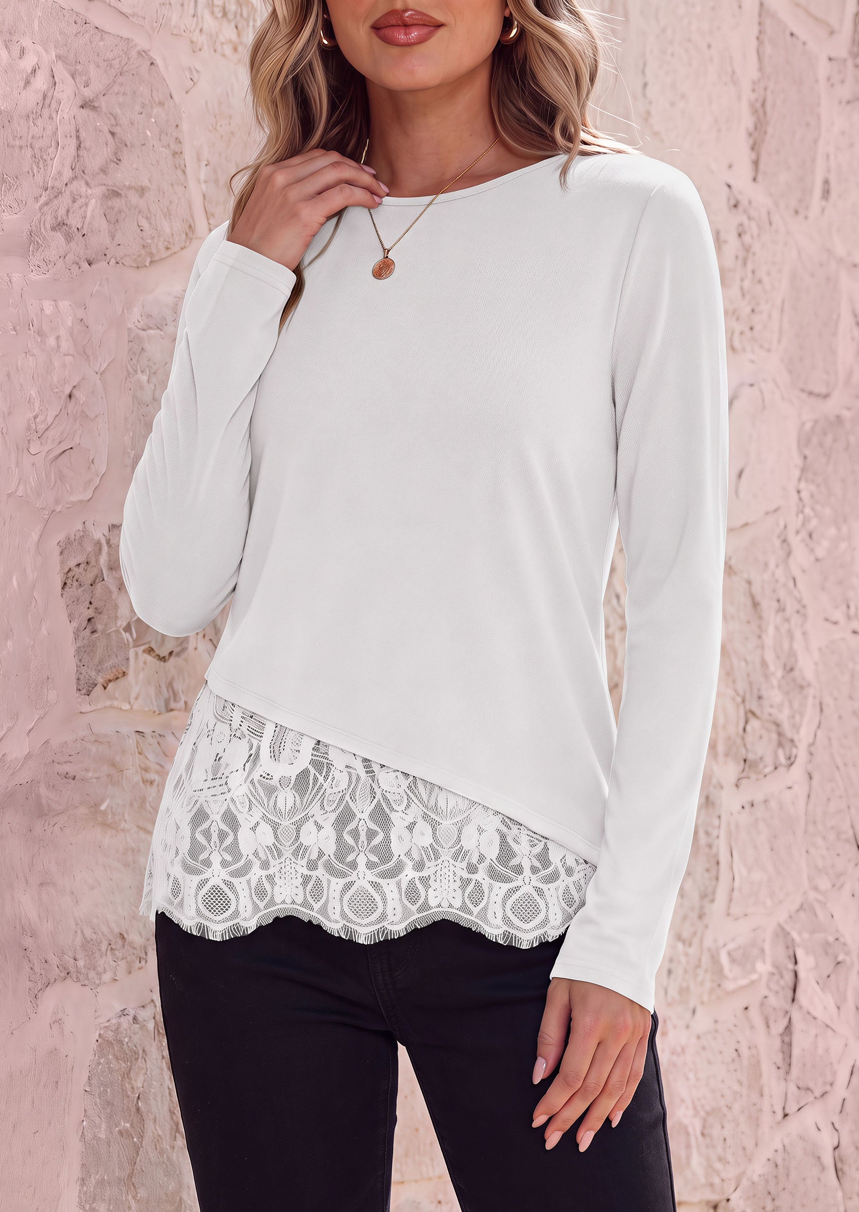 PRETTYGARDEN Women's Lace Patchwork Long Sleeve Shirts | Soft Casual Tops,Irregular Asymmetrical Hem,Crew Neck Thermal Blouses,Loose Fit Layer Tee,Fashion Fall Winter Daily Wear