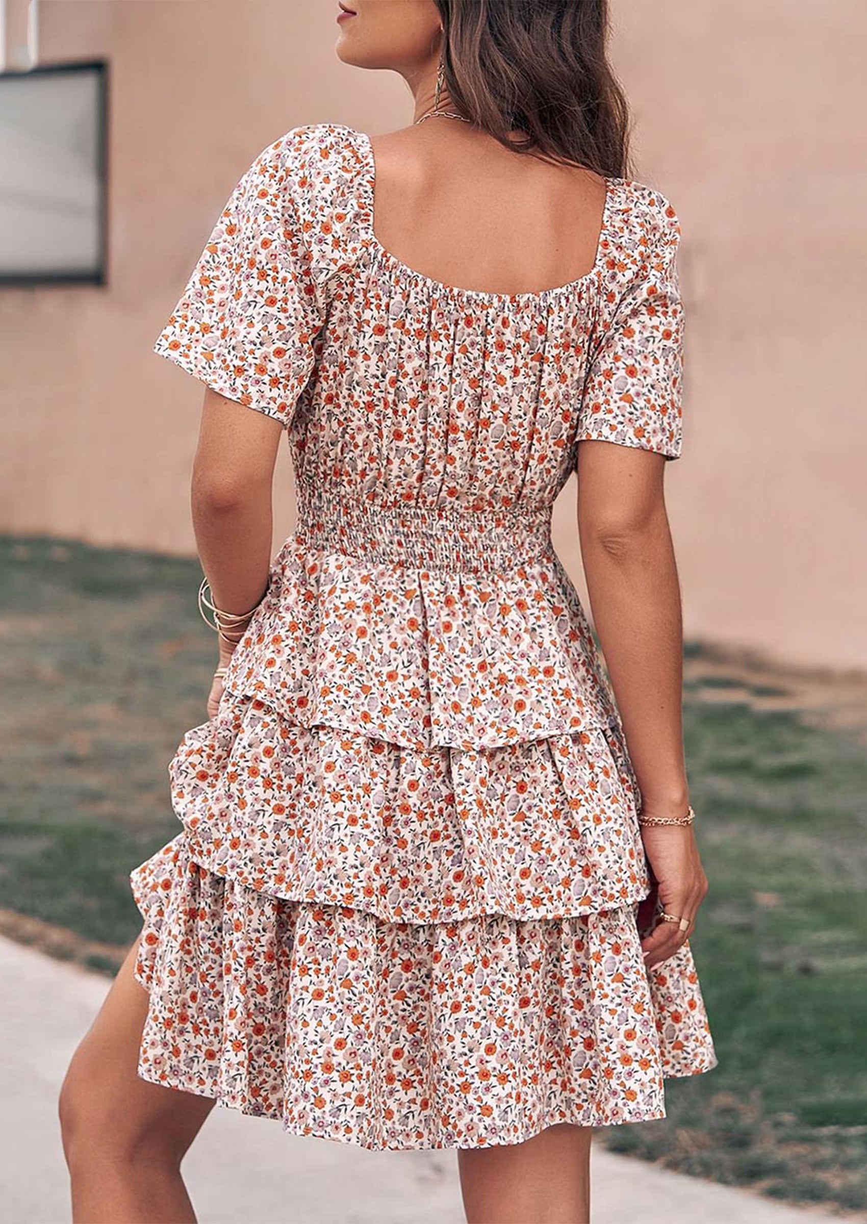 PRETTYGARDEN Women Floral Square Neck Short Sleeve Tiered Ruffle Boho Mini Dresses