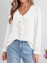 PRETTYGARDEN Women Early Fall Fashion Dressy Casual Blouses  | Comfy Lightweight,Lantern Long Sleeve Shirts,Cute Ruffle V Neck,Going Out Tops,Business Work Outfits,Trendy Daily Clothes