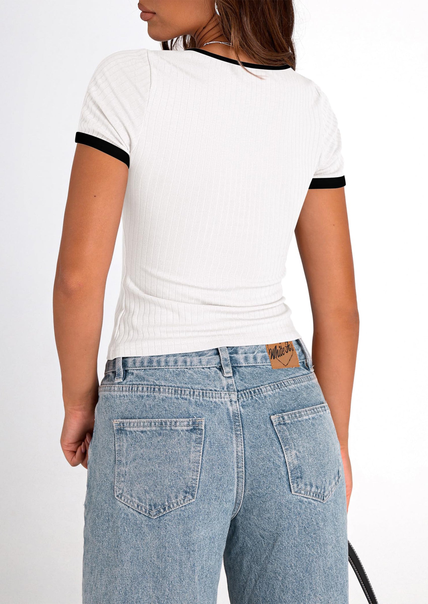 PRETTYGARDEN Women's Summer Short Sleeve T Shirts Ribbed Knit Square Neck Color Block Slim Fit Basic Casual Crop Tops Blouses