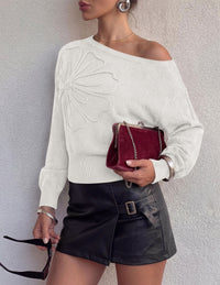 PRETTYGARDEN Women's Fall Off The Shoulder Sweater Tops   | 3D Flower Off Shoulder Sweater, Cinched Waist, Long Sleeve Cropped Sweaters, Knit Pullover Tops, Trendy Date Night Outfit