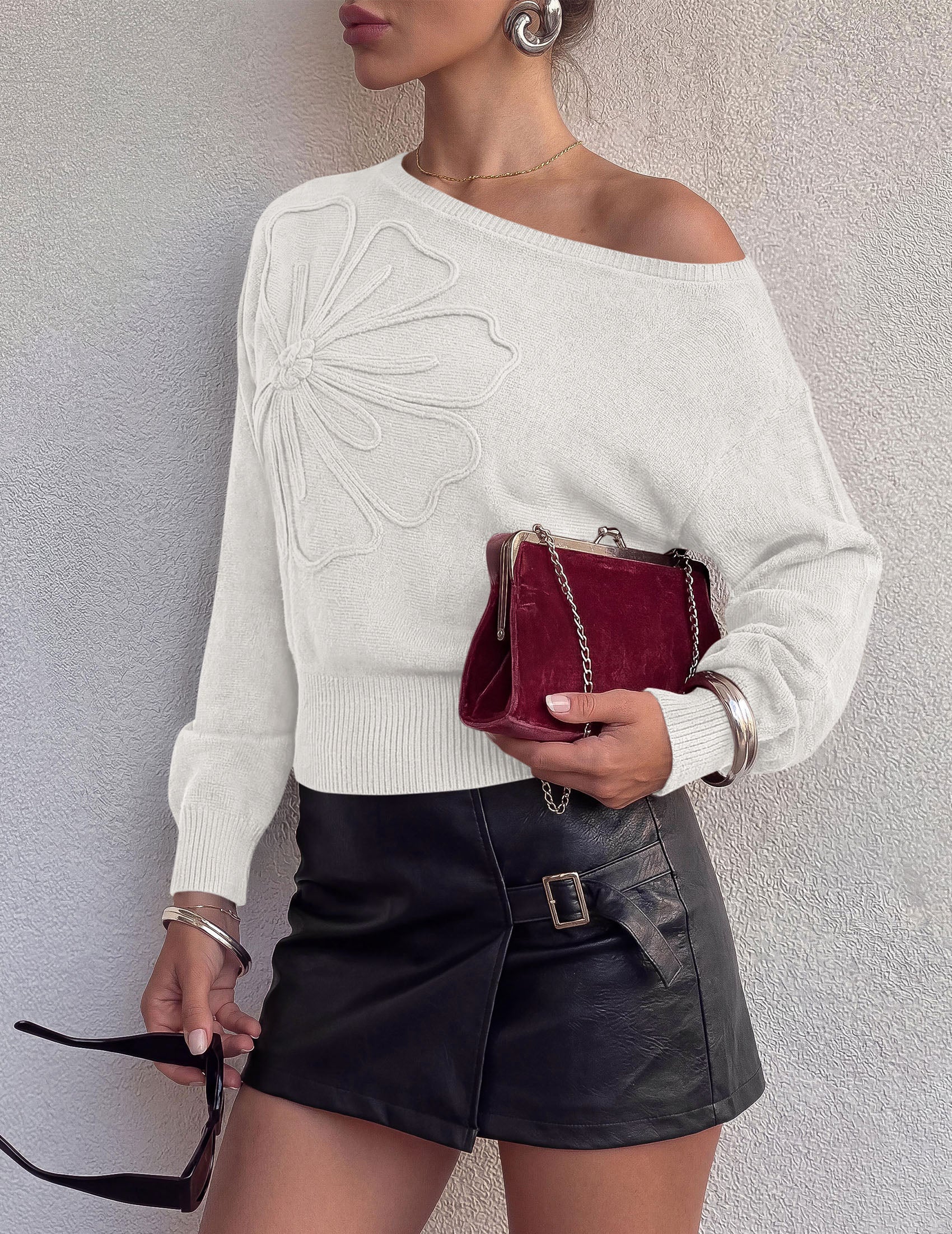 PRETTYGARDEN Women's Fall Off The Shoulder Sweater Tops   | 3D Flower Off Shoulder Sweater, Cinched Waist, Long Sleeve Cropped Sweaters, Knit Pullover Tops, Trendy Date Night Outfit