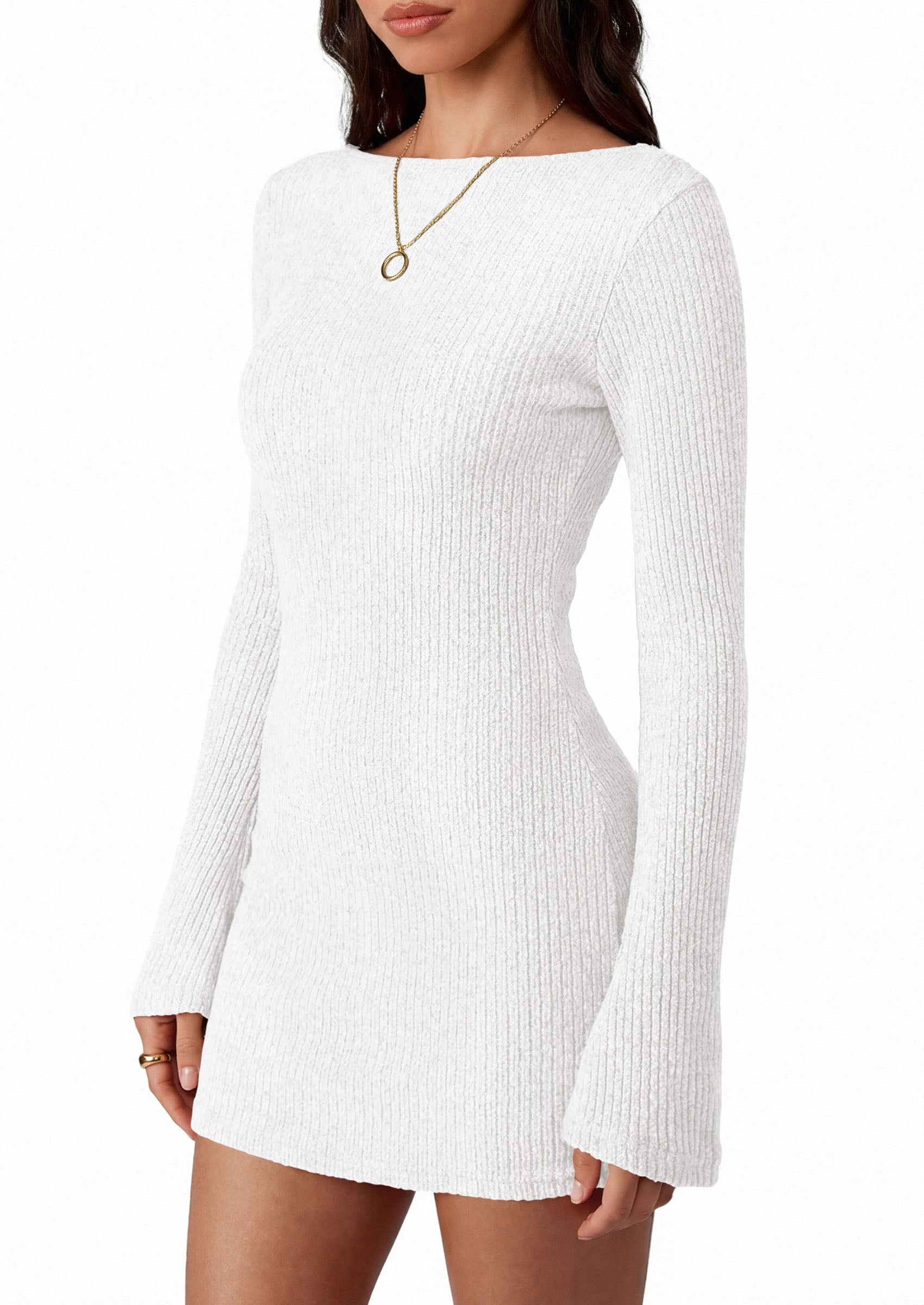 PRETTYGARDEN Womens Fall Bell Long Sleeve Mini Dress 2026 Casual Boat Neck Ribbed Bodycon Short Party Cocktail Dresses
