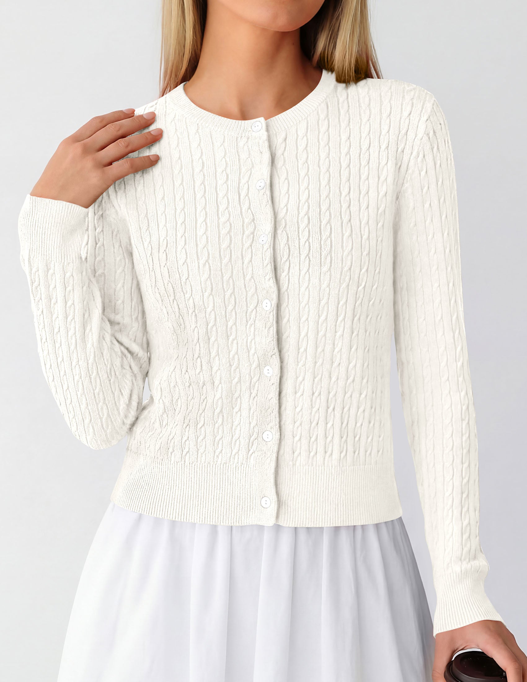 PRETTYGARDEN Women Lightweight Button Up Cardigan Sweaters | Soft Stretchy, Cozy Cable Knit, Long Sleeve Crew Neck, Trendy Cardigans, Cute Casual Outfits, Early Fall Fashion Clothing