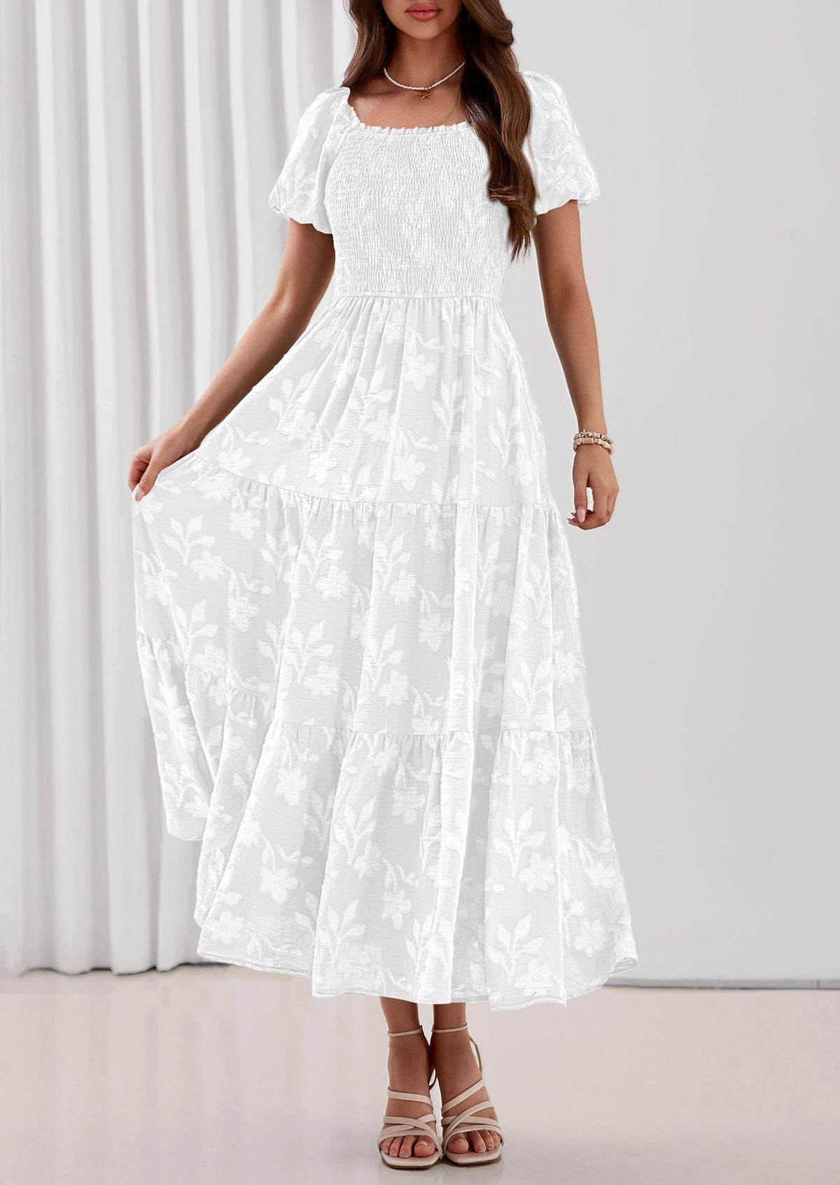 PRETTYGARDEN Women's 2026 Summer Boho Maxi Dresses Floral Short Sleeve Square Neck Smocked Flowy Long Dress Vacation Outfits PRETTYGARDEN