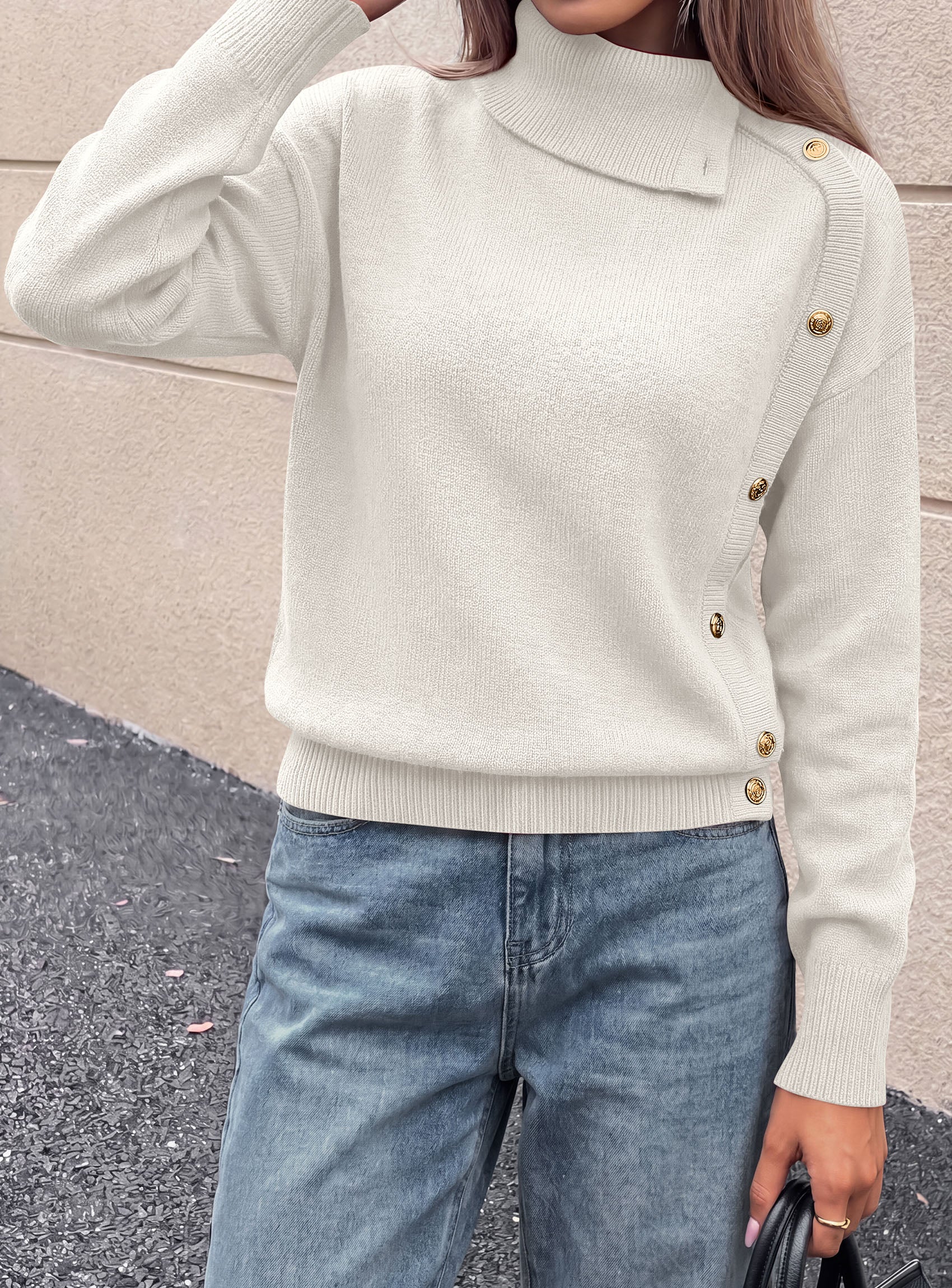 PRETTYGARDEN Womens Turtleneck Sweater Pullover Side Button Fall Clothes  Stretchy Knit,Dropped Shoulder,Ribbed Cuffs,Asymmetrical,Jumper Long Sleeve Tops,Work Office,2026 Winter Casual Outfits