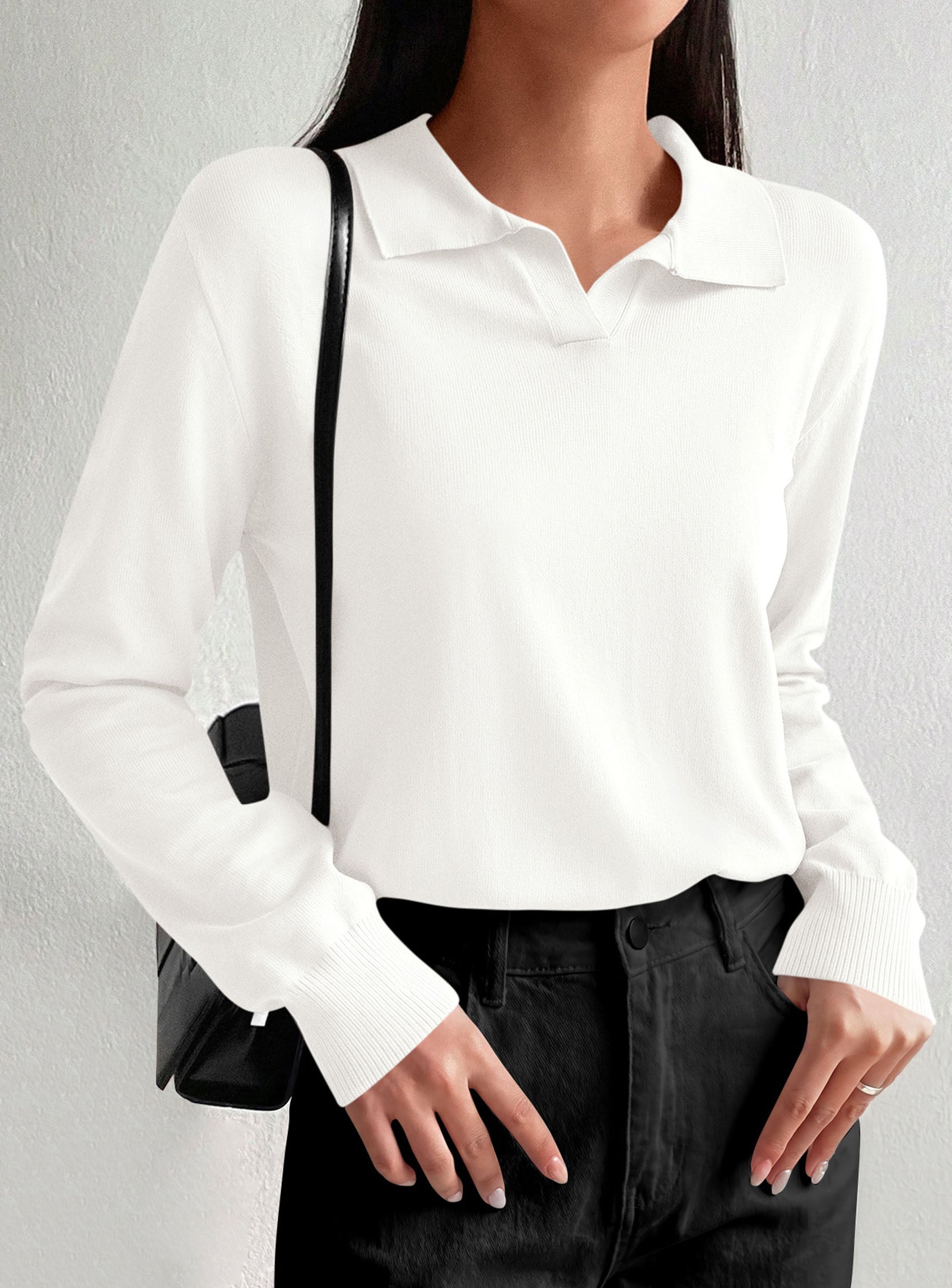 PRETTYGARDEN Womens Long Sleeve Collared Polo Sweater V Neck Knit Ribbed Business Casual Pullover Sweaters 2026 Fall Outfits