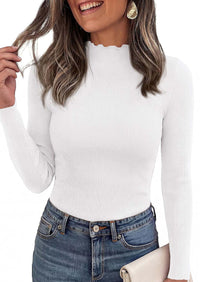 PRETTYGARDEN Women's Fall Long Sleeve Shirts Basic Tees | Soft Stretchy Ribbed Fabric, Lettuce Trim Mock Neck, Slim Fitted Cute Tops, Layering Fashion Clothing, Trendy Casual Outfits