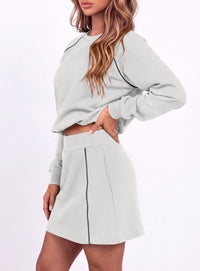PRETTYGARDEN Women's Two Piece Outfits Matching Skirt Sets | Color Block Long Sleeve Top Sweatshirt, Mini Short Skirts, Elastic Waist Skorts Pocket, 2pc Workout Set, Fall Fashion Clothes