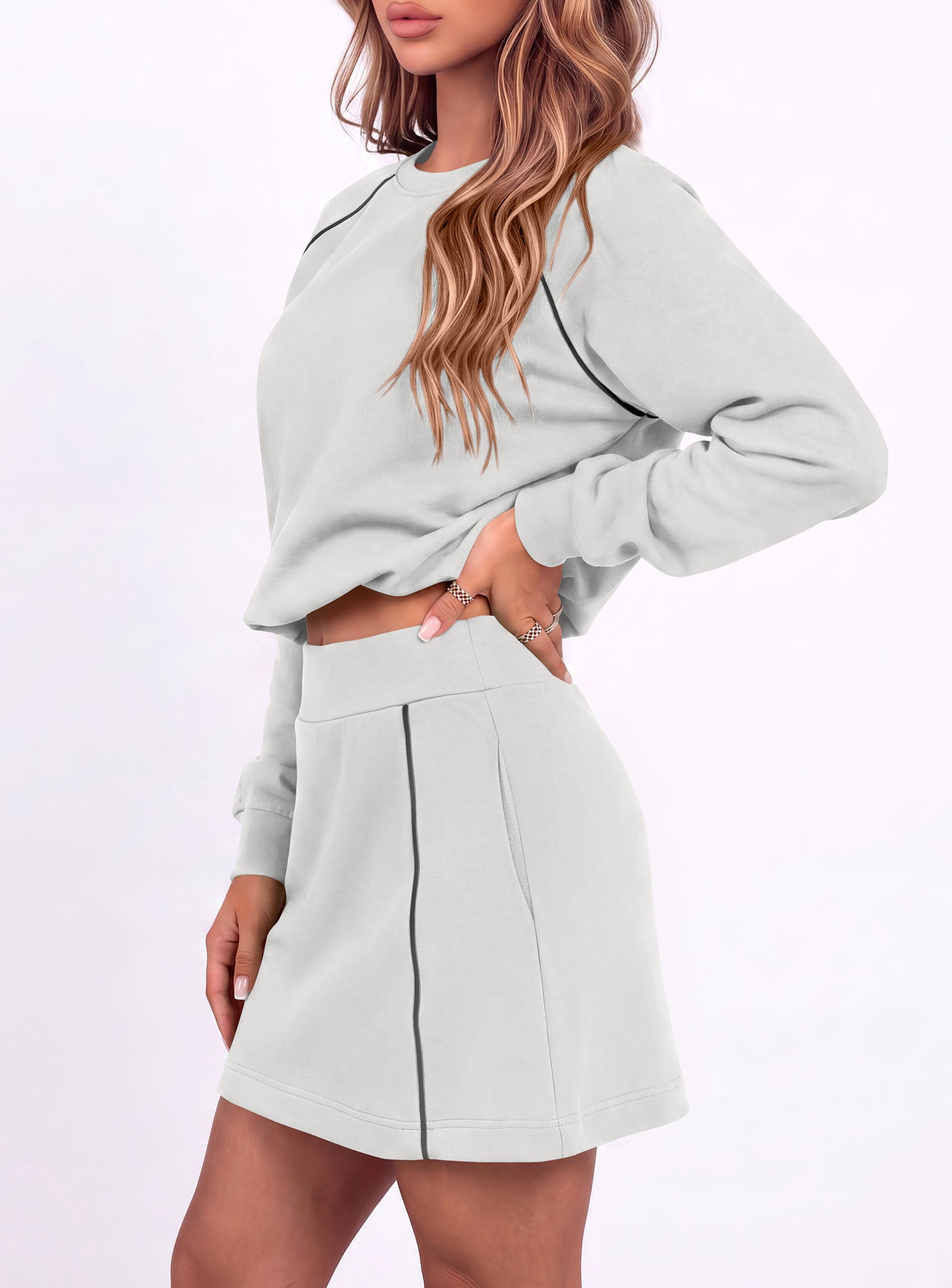 PRETTYGARDEN Women's Two Piece Outfits Matching Skirt Sets | Color Block Long Sleeve Top Sweatshirt, Mini Short Skirts, Elastic Waist Skorts Pocket, 2pc Workout Set, Fall Fashion Clothes