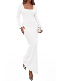 PRETTYGARDEN Women's Fall Long Sleeve Maxi Bodycon Dresses | Soft Stretchy Ribbed Knit, Bell Sleeve Square Neck Mermaid, Elegant Long Dress, Wedding Guest Party, 2026 Winter Clothing