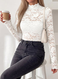 PRETTYGARDEN Womens Lace Long Sleeve Top Mesh Sheer Blouses Mock Neck See Through Slim Fitted Tops 2026 Fall Fashion Clothes