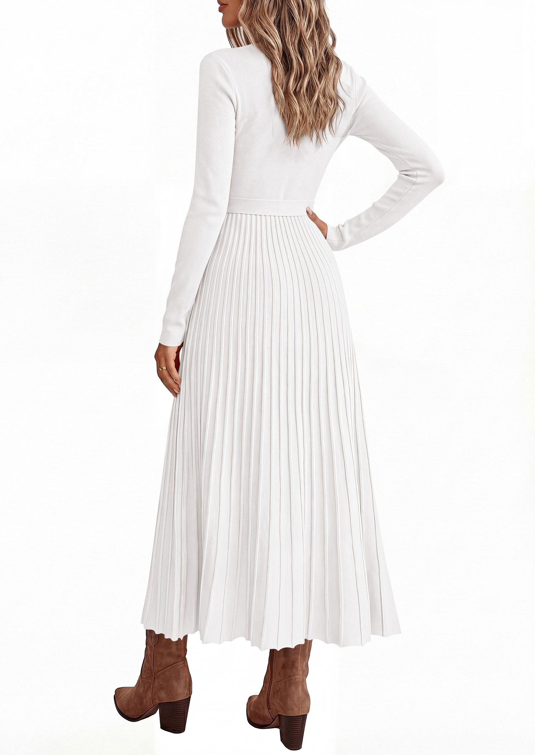 PRETTYGARDEN Womens Fall Maxi Long Sleeve Sweater Dress  Soft Stretchy Knit, V Neck A Line Dresses with Bow, Flowy Pleated Hem, Cocktail Party Outfits, Trendy Winter Clothes