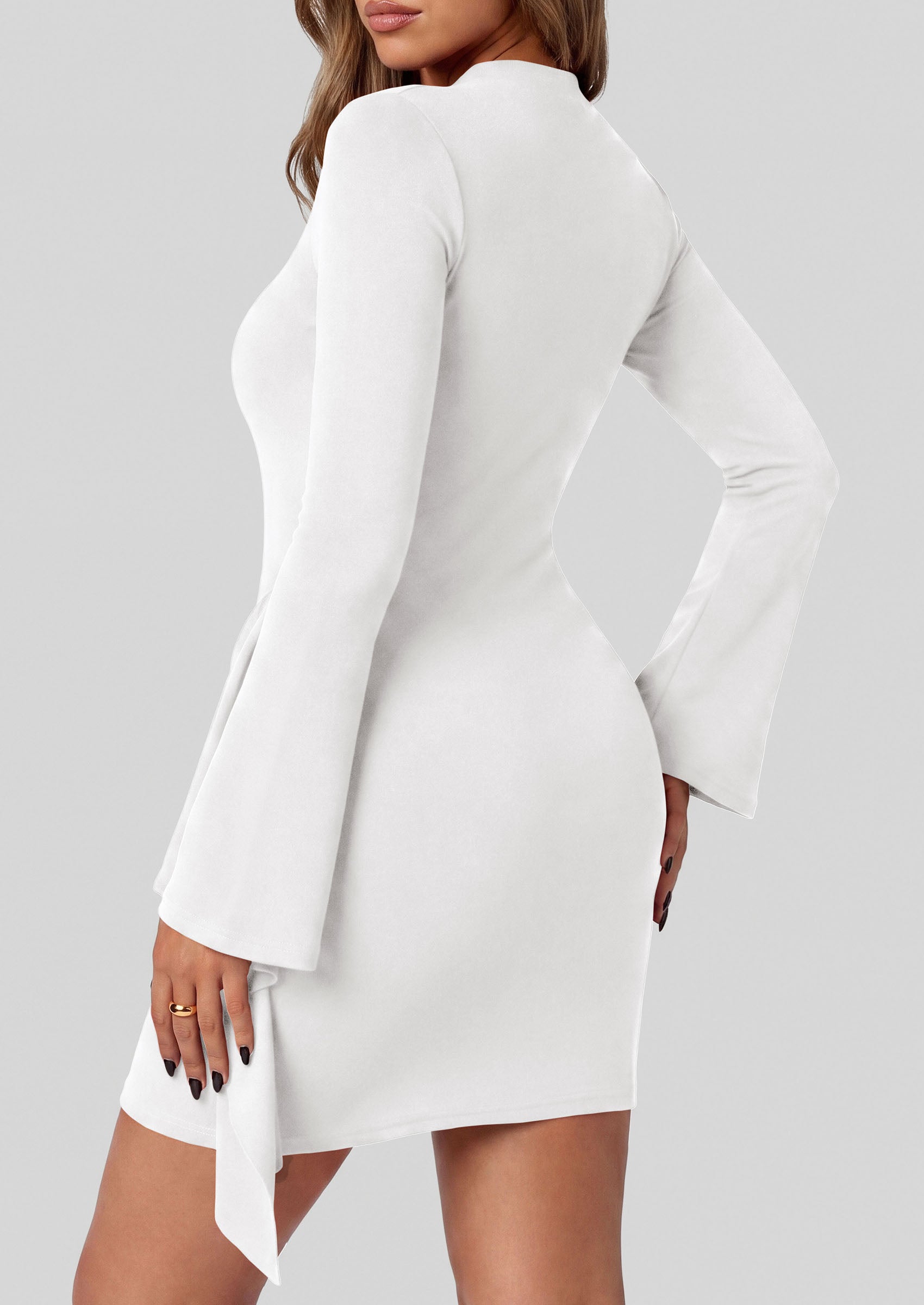 PRETTYGARDEN Women Long Sleeve Bodycon Ruched Mini Dress | Mock Neck Gold Buckle, Slim Fit, Weeding Guest Dress, Elegant Dressy Casual, Cocktail Party Date Night, Fall Winter Outfits