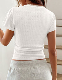 PRETTYGARDEN Summer Tops for Women 2026 Short Sleeve Lace Trim Slim Fitted Henley Tee Shirts Y2K Fashion Clothing PRETTYGARDEN