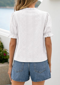 PRETTYGARDEN Womens Puff Short Sleeve Tops 2026 Summer Spring Button Down Boho Embroidered Cute Blouse Dressy Casual Shirts PRETTYGARDEN