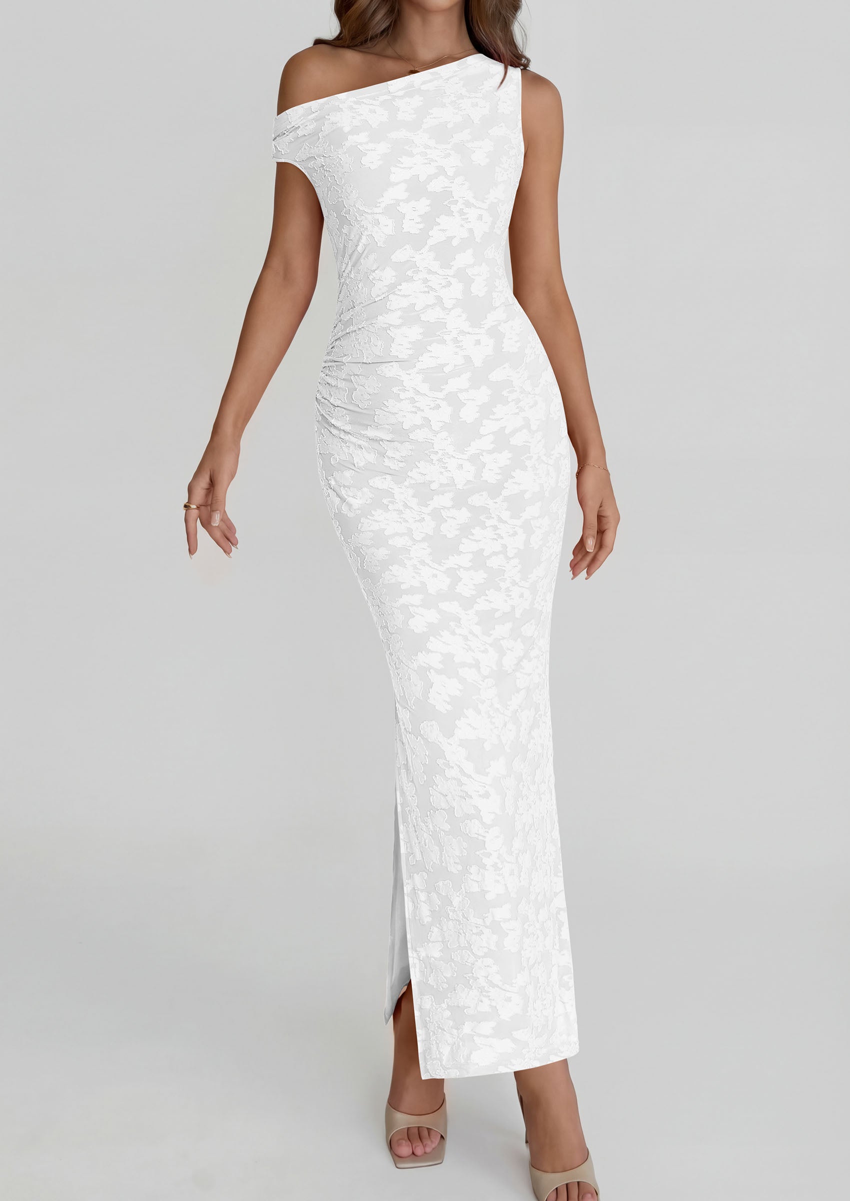 PRETTYGARDEN Womens Floral One Shoulder Maxi Dress 2026 Summer Spring Bodycon Ruched Side Slit Elegant Cocktail Party Dresses PRETTYGARDEN