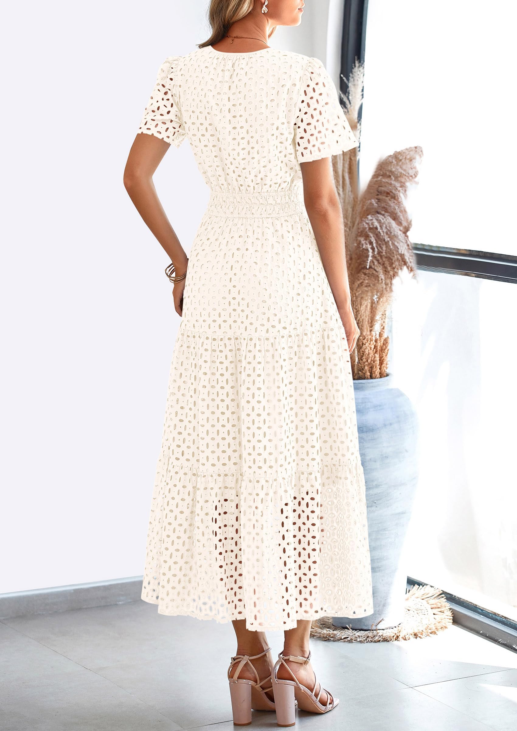 PRETTYGARDEN Womens Maxi Dress Short Sleeve V Neck Hollow Out Eyelet A Line Long Flowy Beach Vacation Dresses