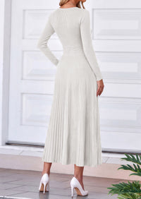 PRETTYGARDEN Women's Fall V Neck Pleated Midi Sweater Dress  Stretchy Ribbed Knit,Long Sleeve,A Line Flowy Skirt,Elegant Long Dresses for Wedding Guest,Work Office,Winter Party Outfits