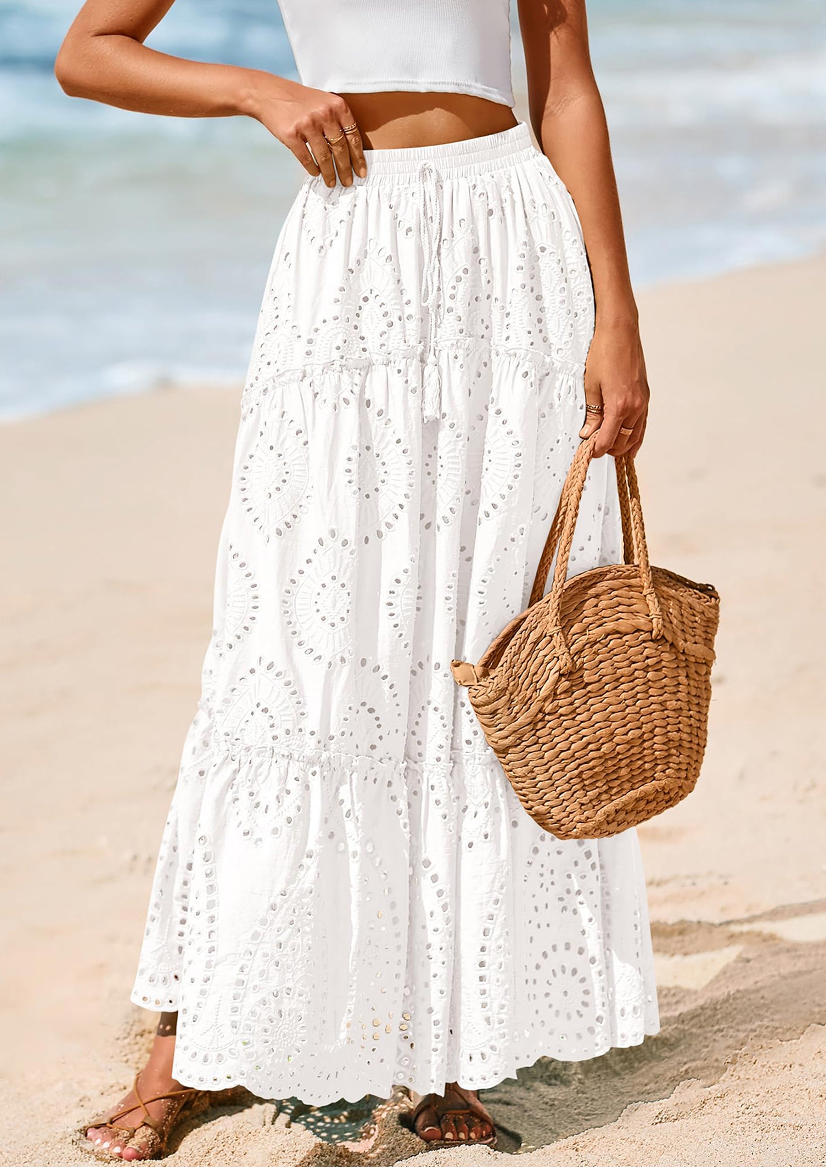 BTFBM Women's Boho Casual Skirts Summer Lace Embroidery Eyelet Elastic Waist Flowy Tiered A-Line Beach Maxi Skirt
