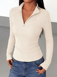 PRETTYGARDEN Women's Fall Quarter Zip Long Sleeve Shirts | Soft Stretchy Ribbed Knit, Collared Zipper Slim Fitted, Raglan Sleeves Pullover, Dressy Casual Tops, Trendy Going Out Outfits