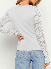 PRETTYGARDEN Sheer Lace Raglan Long Sleeve Shirts for Women | Soft Stretchy Knit,See Through Floral Sleeves,Crewneck Fitted Tshirts,Daily Going Out Tops,Office Layer,Fall Fashion Clothing