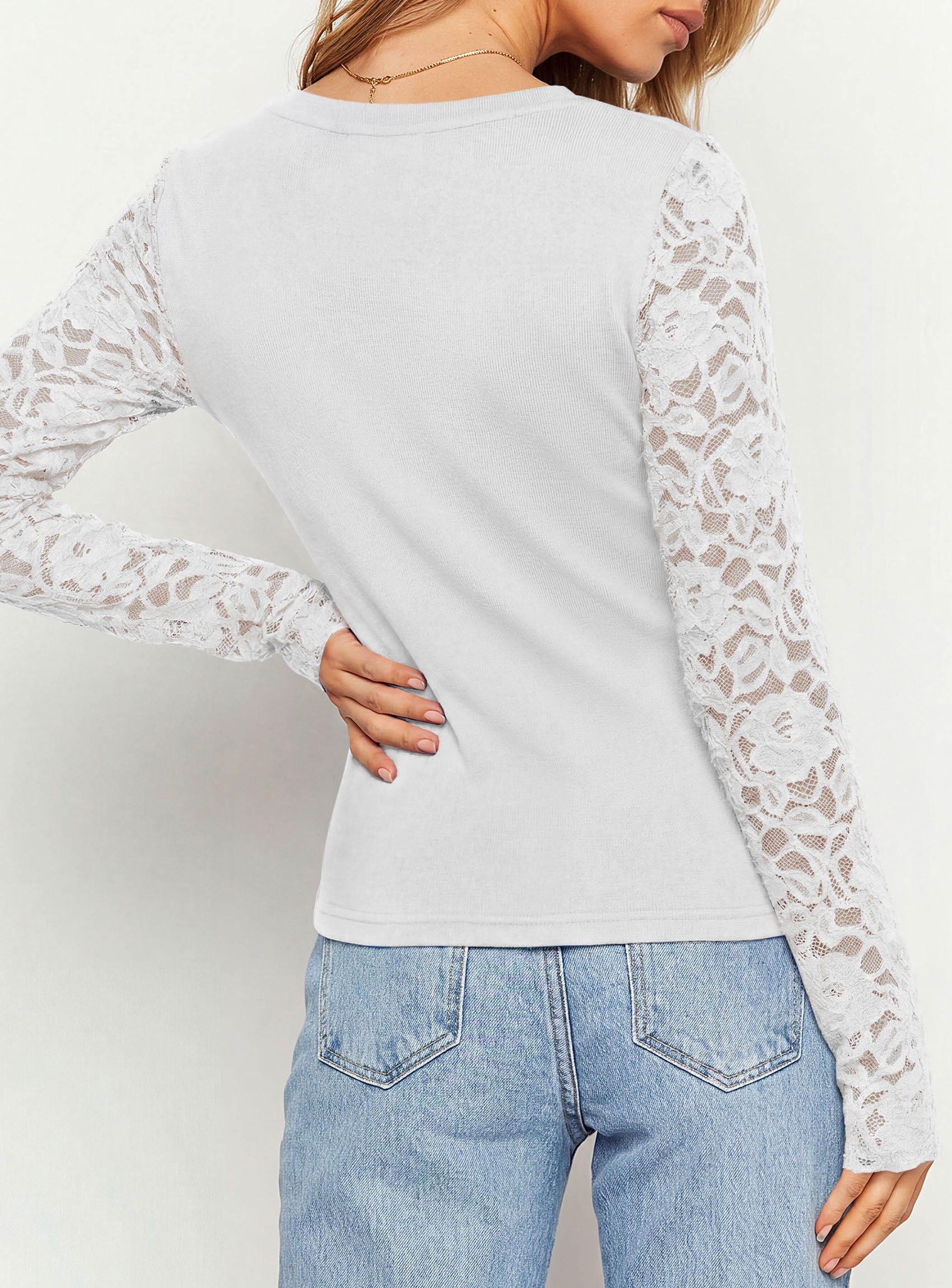 PRETTYGARDEN Sheer Lace Raglan Long Sleeve Shirts for Women | Soft Stretchy Knit,See Through Floral Sleeves,Crewneck Fitted Tshirts,Daily Going Out Tops,Office Layer,Fall Fashion Clothing
