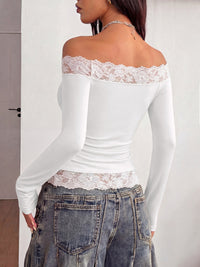 PRETTYGARDEN Women Lace Off the Shoulder Cute Going Out Tops | Y2K Cute Long Sleeve Slim Fit Cropped T-Shirt, Sexy Off Shoulder Tops for Women, Date Night Concert Tops,Fall Outfits 2026