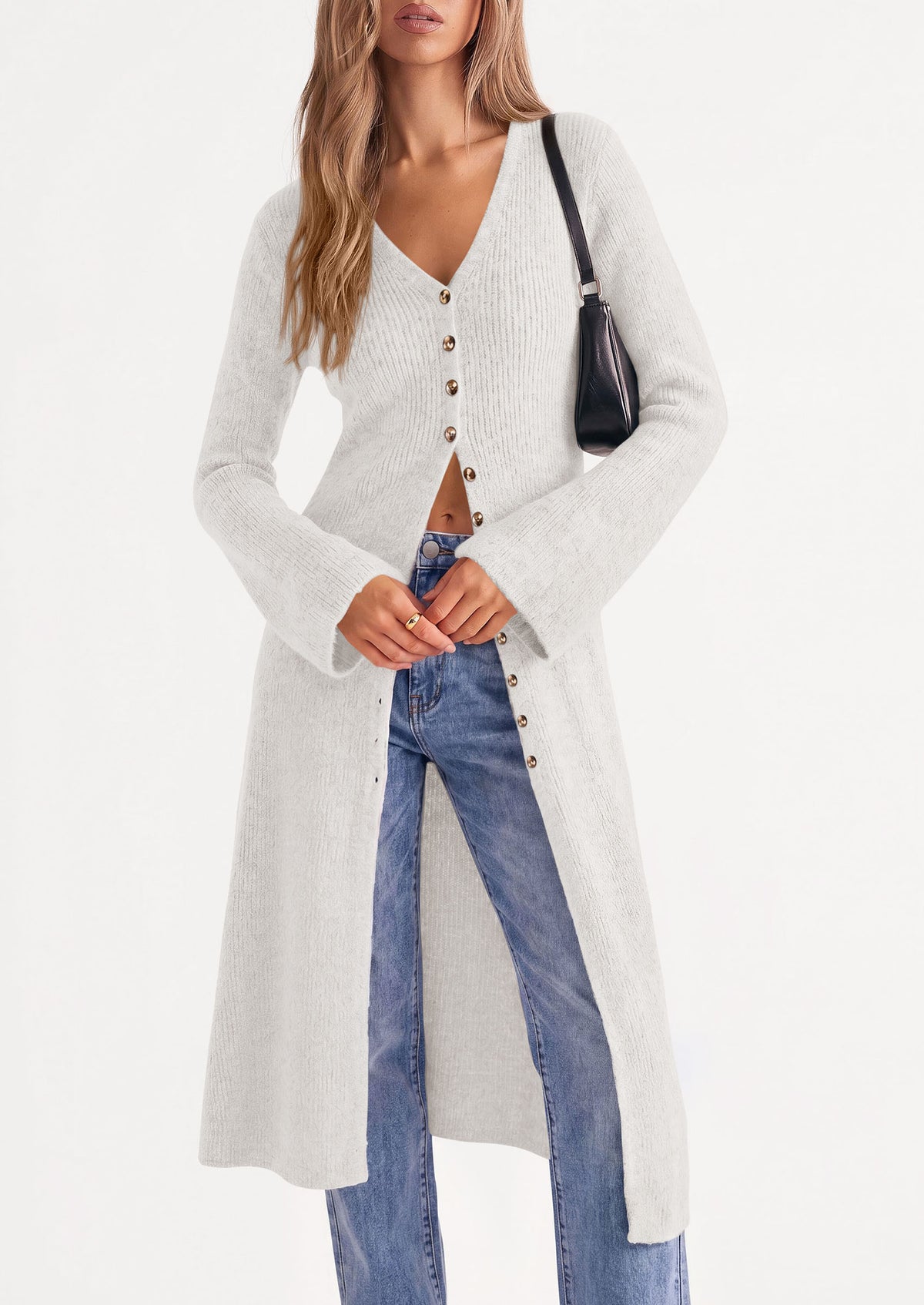 PRETTYGARDEN Women Long Cardigan Bell Sleeve Sweater Dress  Early Fall Fashion, V Neck Button Down Coats, Fit and Flare, Duster Sweater, Business Casual Outfits, Acrylic Cotton Blend
